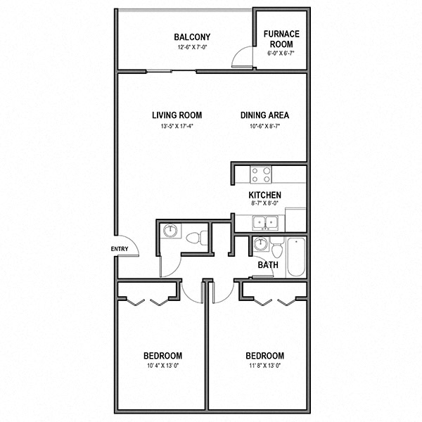 Floor plan for 2 beds, 1.5 baths, 1050 sqft